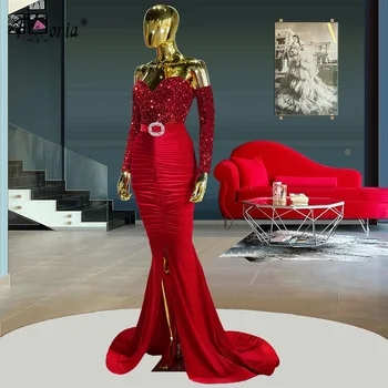 Roșu Pe Umăr Sirena Sexy Dubai Rochii de Bal 2022 Mâneci Lungi Paiete Rochie de Seara cu Fantă Front Stil Simplu Plus Dimensiune